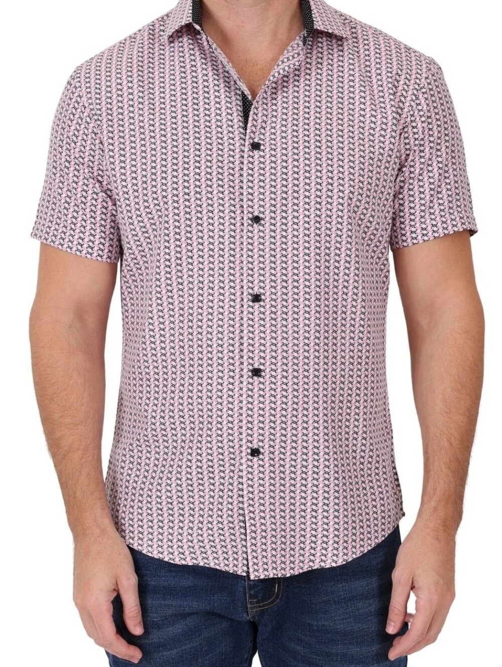 Men's Pink Short-Sleeve Patterned Button-Up Shirt